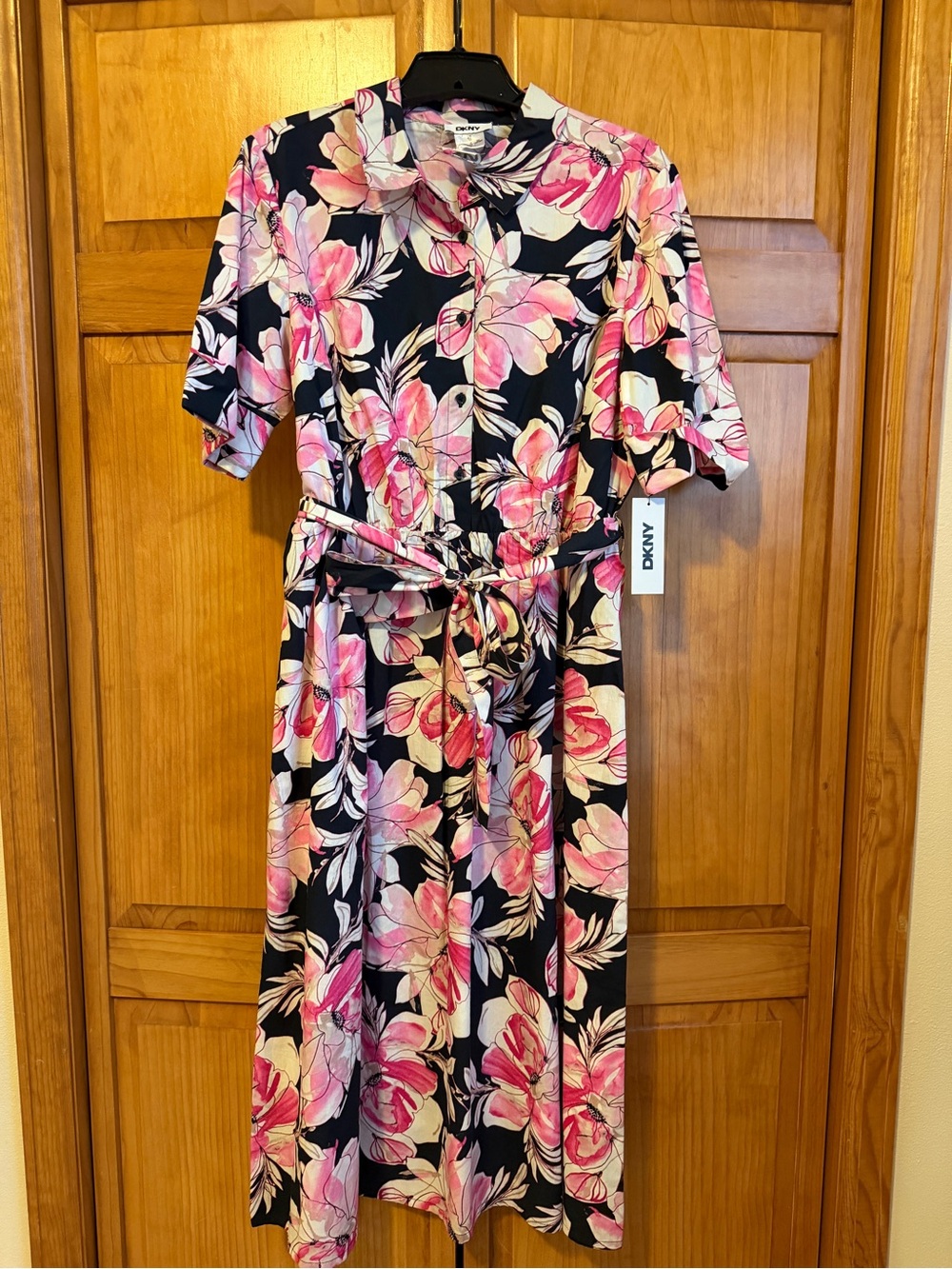 DKNY Black Midi Dress with Pink Floral Print- NWT 12